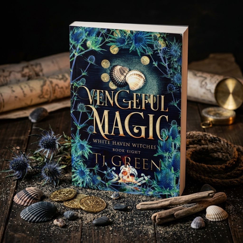 Book titled 'Vengeful Magic' by T.J. Green on a dark wooden surface with seashells and coins.