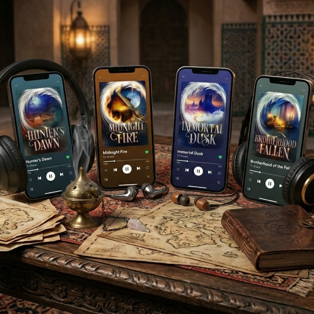 Four smartphones displaying fantasy album artwork titled 'Thumper's Dawn', 'Midnight Fire', 'Immortal Dust', and 'Brightened Fall' are arranged on a carved wooden table in an ornate dimly lit room. Each phone is accompanied by a black over-ear headphone, with scattered vintage maps, a brass lamp, candles, and a leather-bound book around them.