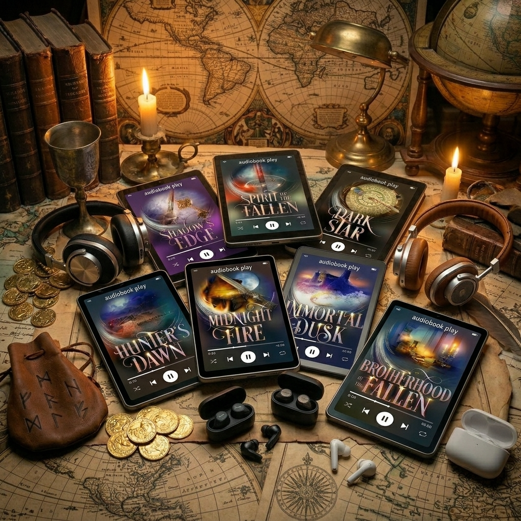 Six digital audiobook or e-book player screens displaying fantasy book covers are arranged on a vintage map surrounded by thematic props including candles, coins, headphones, earbuds, a leather pouch, and old books.