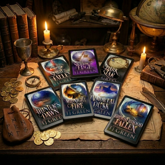 Seven fantasy book covers arranged on an old wooden table with candles, coins, a globe, books, and parchment in a dark, atmospheric room setting.