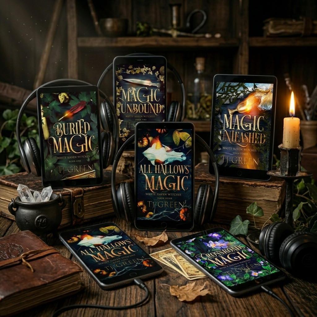 A styled tabletop scene showing multiple books and e-reader devices displaying fantasy book covers, with headphones, a candle, a small cauldron, and rustic books in a dark, moody room. Visible titles include 'Buried Magic,' 'Magic Unbound,' 'Magic Unleashed,' and 'All Hallows Magic.