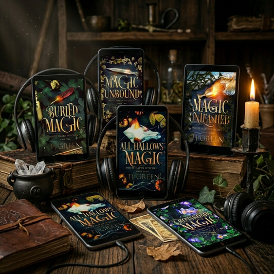 A styled tabletop scene showing multiple books and e-reader devices displaying fantasy book covers, with headphones, a candle, a small cauldron, and rustic books in a dark, moody room. Visible titles include 'Buried Magic,' 'Magic Unbound,' 'Magic Unleashed,' and 'All Hallows Magic.