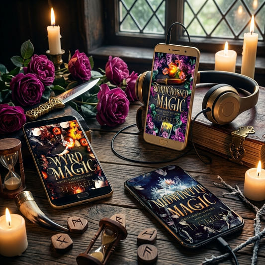 Three smartphones displaying colorful fantasy book covers arranged on a rustic wooden table with lit candles, purple roses, headphones, an old book, a horn, and small ritual props.