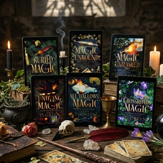 A styled tabletop arrangement of six fantasy book covers or boxed sets titled 'Magic Unbound' and related titles, surrounded by candles, books, crystals, a wand, tarot cards, and other occult-themed props in a dim stone room.