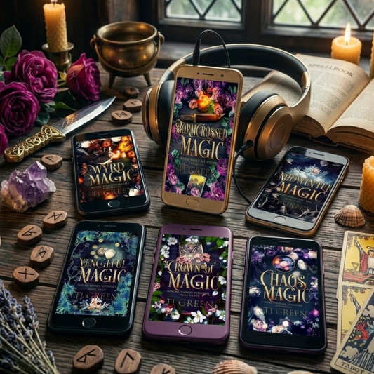 A styled tabletop scene with multiple smartphones displaying colorful 'Magic' themed wallpapers or apps, headphones, candles, roses, tarot cards, crystals, and wooden tokens on a dark wooden surface near a window.