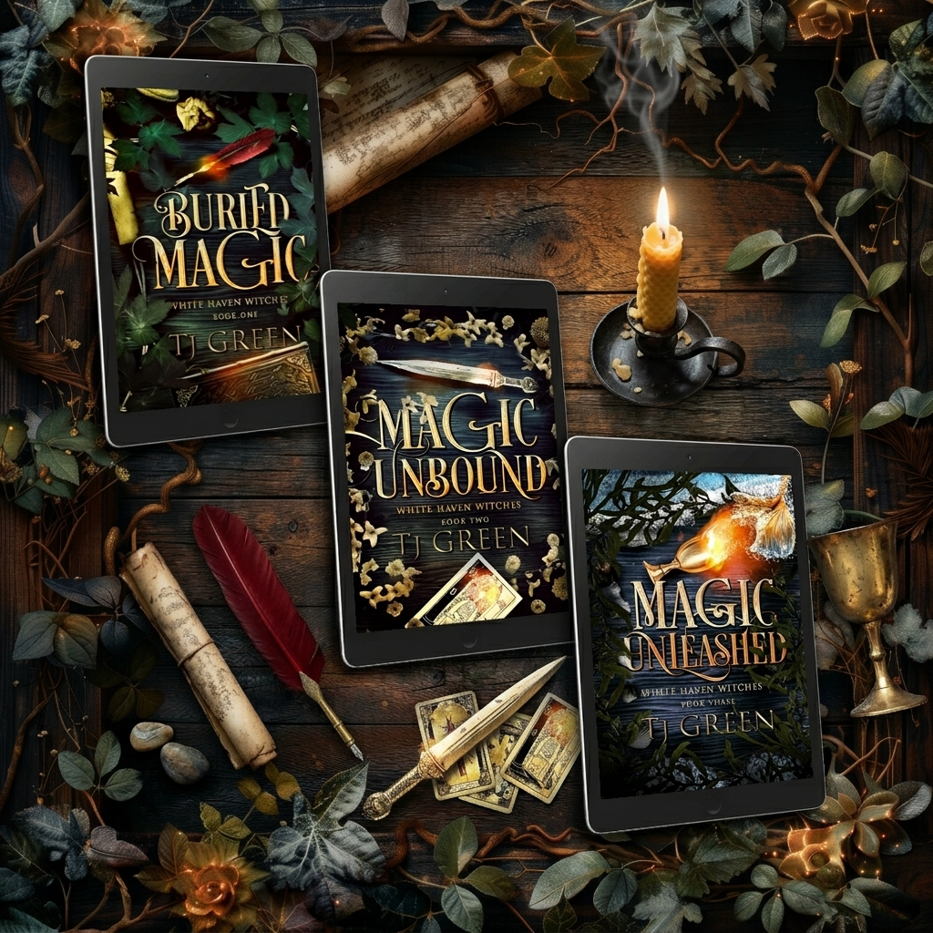 Three books titled 'Buried Magic', 'Magic Unbound', and 'Magic Unleashed' on a wooden surface with candles and leaves.