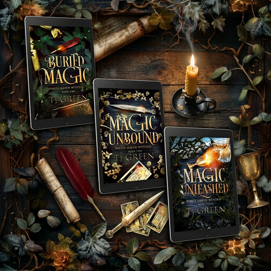 Three books titled 'Buried Magic', 'Magic Unbound', and 'Magic Unleashed' on a wooden surface with candles and leaves.