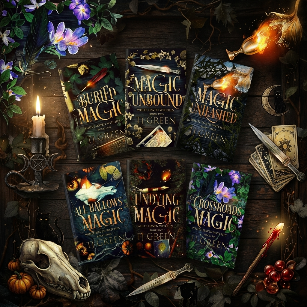 Collection of books titled 'Magic Unbound', 'Crossroad Magic', and others on a dark wooden surface with candles and flowers.