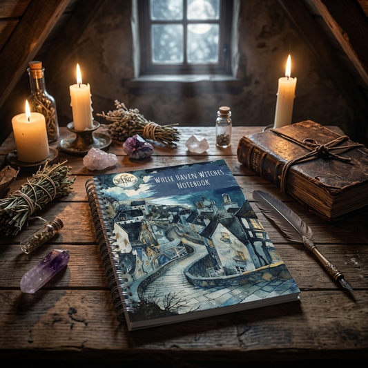 A spiral-bound notebook titled 'White Raven Witches Notepad' lies open on a rustic wooden table, surrounded by lit candles, crystals, dried herbs, a feather quill, and an old leather-bound book in a dimly lit attic-like setting.