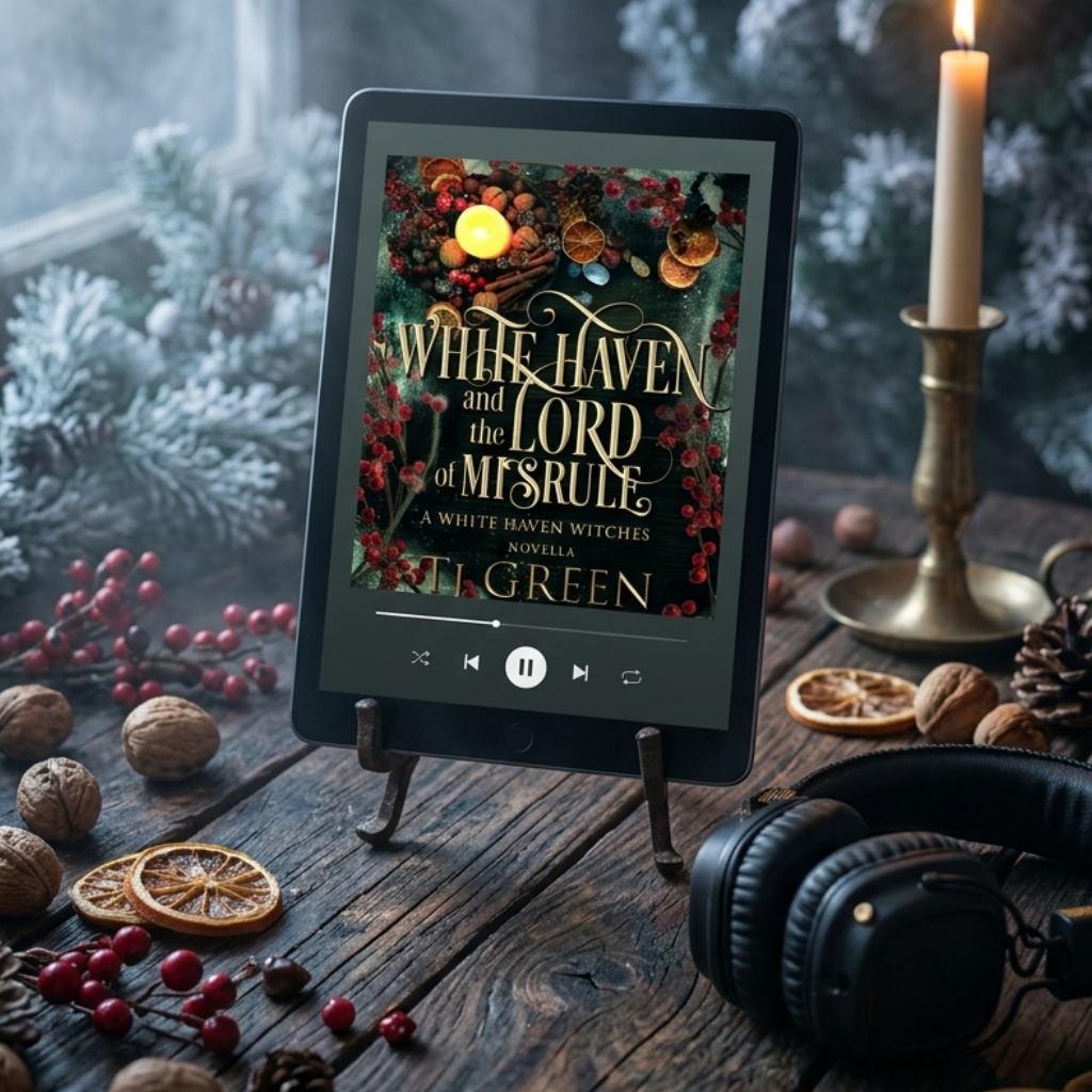 E-reader displaying a book cover on a wooden table with candles, headphones, and decorative items.