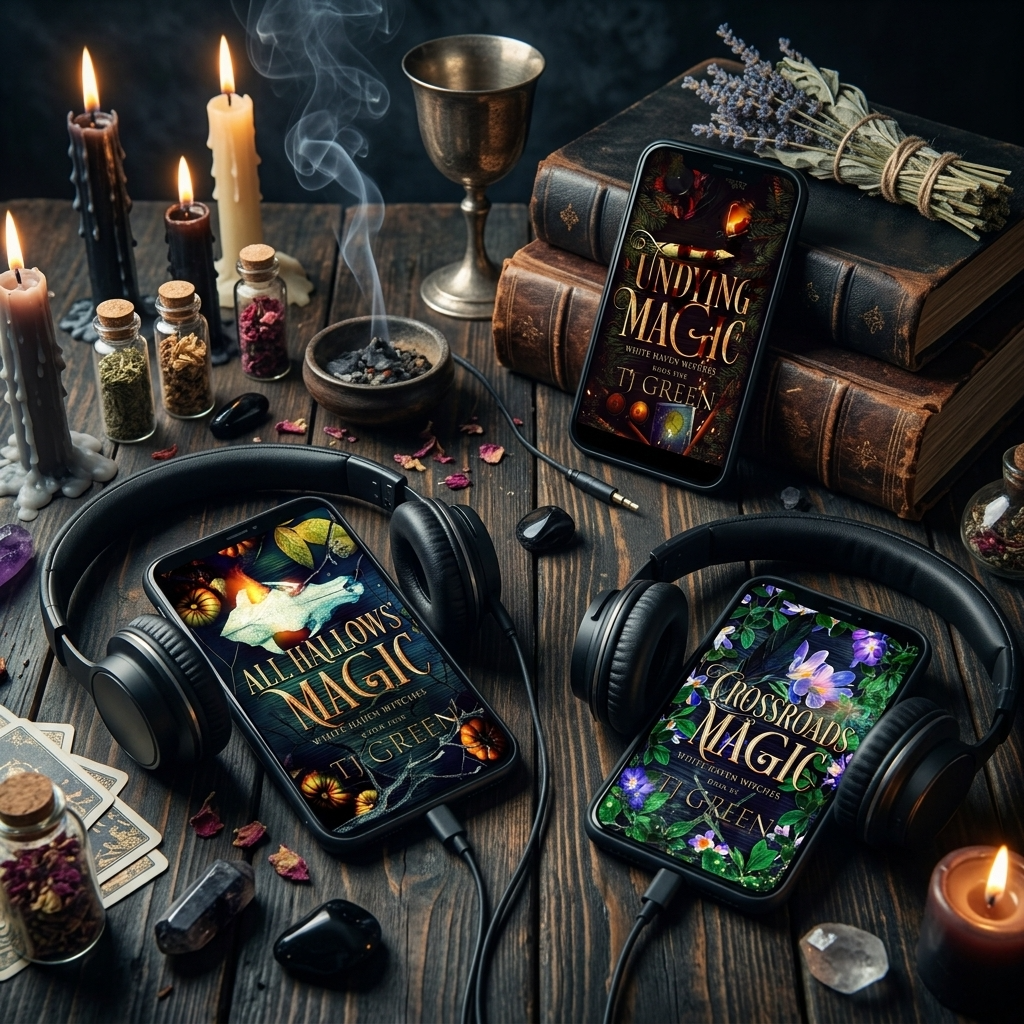 Two smartphones displaying fantasy book covers are placed on black over-ear headphones on a dark wooden table, surrounded by lit candles, old books, a metal goblet, crystals, and dried lavender. A third phone at the top right shows a book cover reading 'TUNDING MAGIC'.