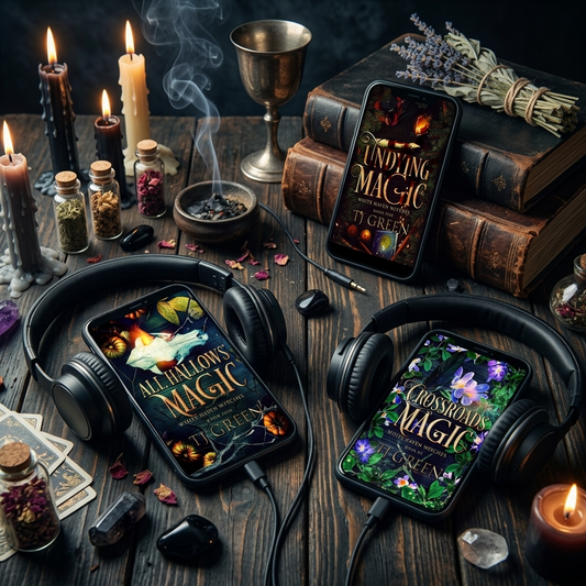 Two smartphones displaying fantasy book covers are placed on black over-ear headphones on a dark wooden table, surrounded by lit candles, old books, a metal goblet, crystals, and dried lavender. A third phone at the top right shows a book cover reading 'TUNDING MAGIC'.