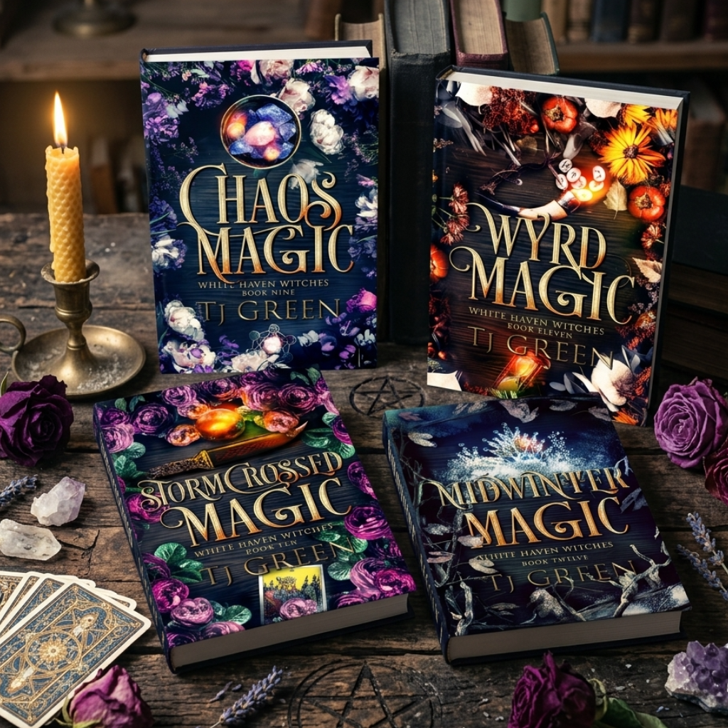 Four hardcover witchcraft and magic books by JJ Green are arranged on a rustic wooden table with candles, roses, tarot cards, crystals, and books in the background. The book covers feature dark fantasy artwork in purple, orange, and blue tones with titles including Chaos Magic, Wyrd Magic, Storm-Crossed Magic, and Midnight Magic.