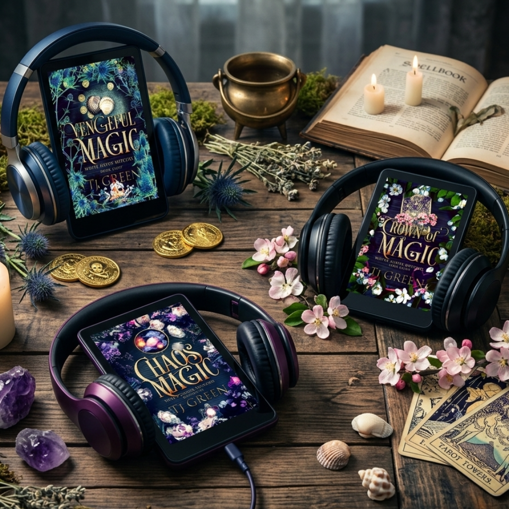 Three pairs of headphones with screens displaying 'Mystical Magic' and 'Chaos Magic' book covers, arranged on a rustic wooden table with candles, crystals, an open book, coins, and tarot cards.