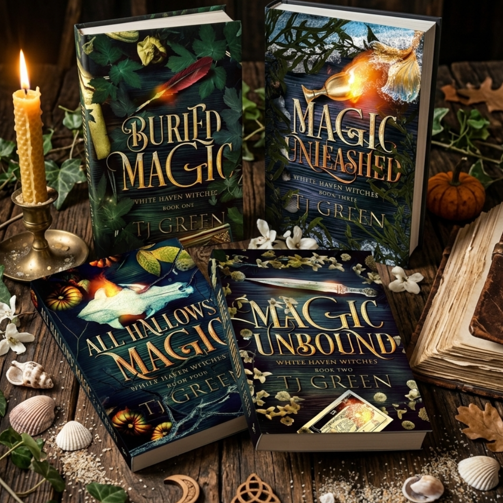 Four fantasy books by T. Green arranged on a rustic wooden table with a lit candle, shells, leaves, and old books around them.