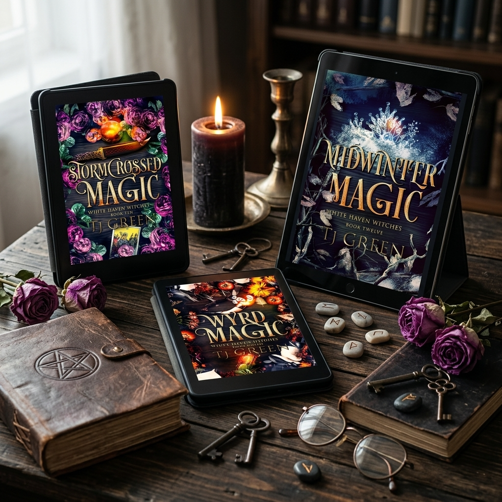 Three digital book covers displayed on tablet screens and a laptop, styled on a rustic wooden table with a lit candle, old keys, purple roses, a leather journal, and other occult-themed props.