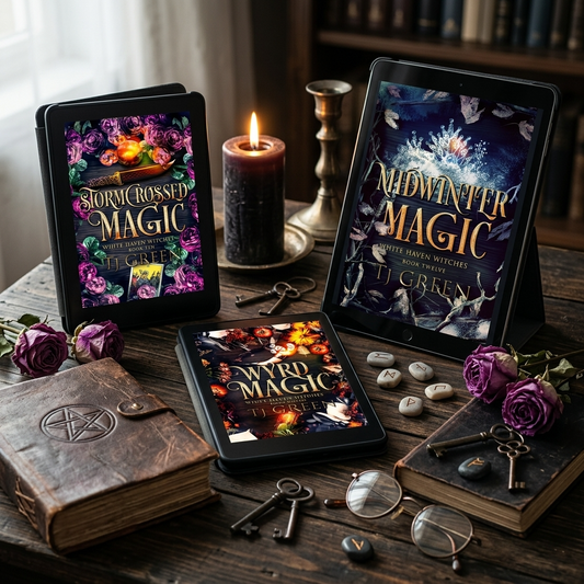 Three digital book covers displayed on tablet screens and a laptop, styled on a rustic wooden table with a lit candle, old keys, purple roses, a leather journal, and other occult-themed props.