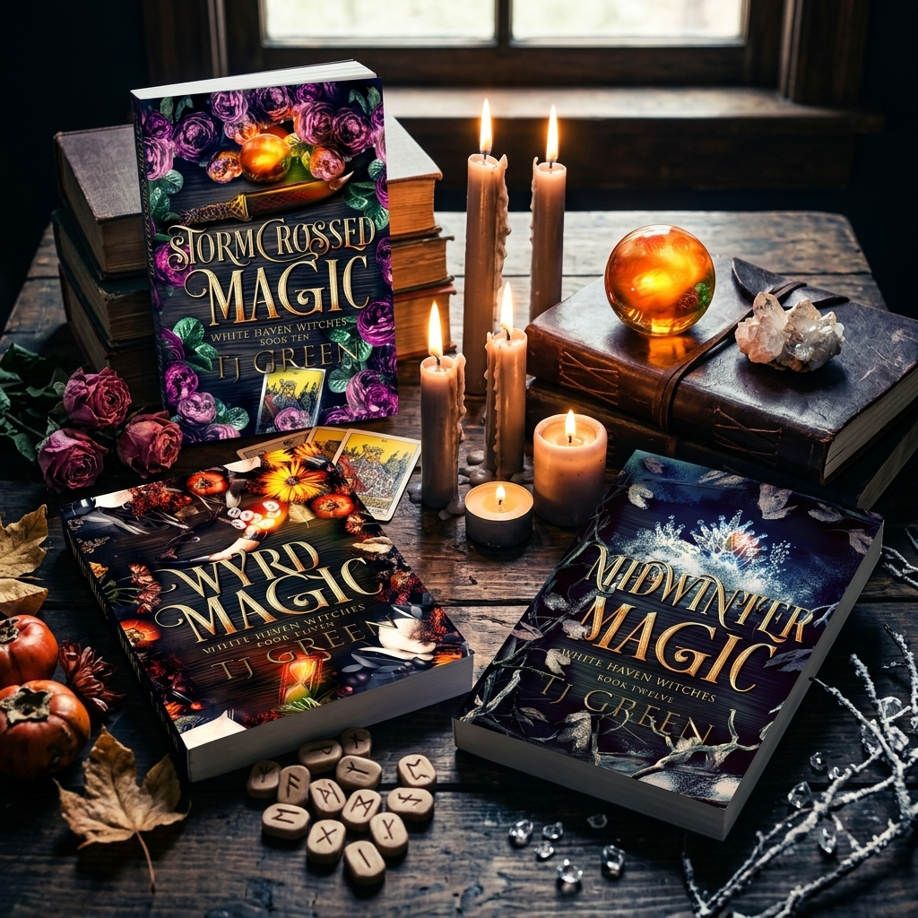 3 books on a wooden table with witchcraft objects