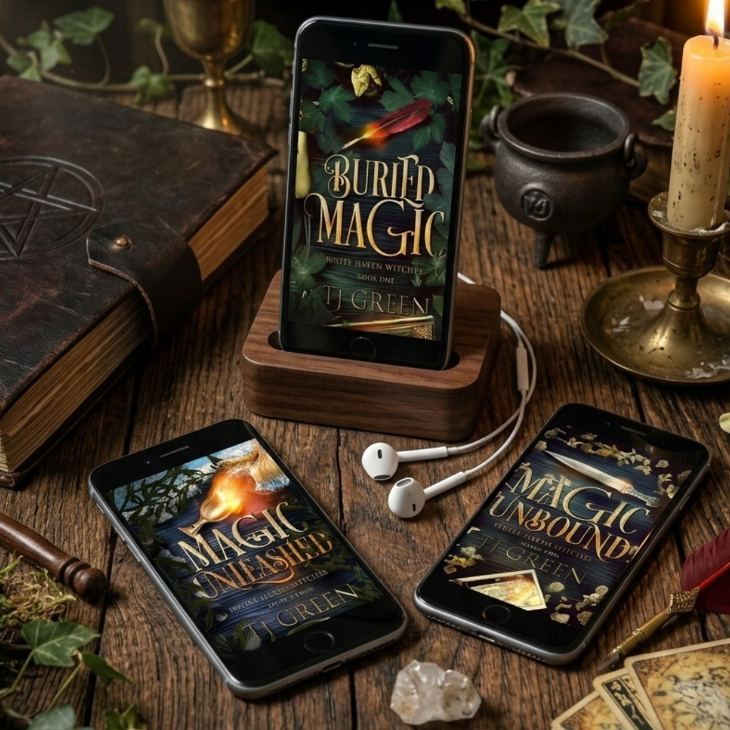 Three smartphones displaying fantasy-themed app covers titled 'Buried Magic', 'Magic Awakened', and 'Magic Unbound' are arranged on a rustic wooden table with a lit candle, old book, crystals, cards, and ivy.