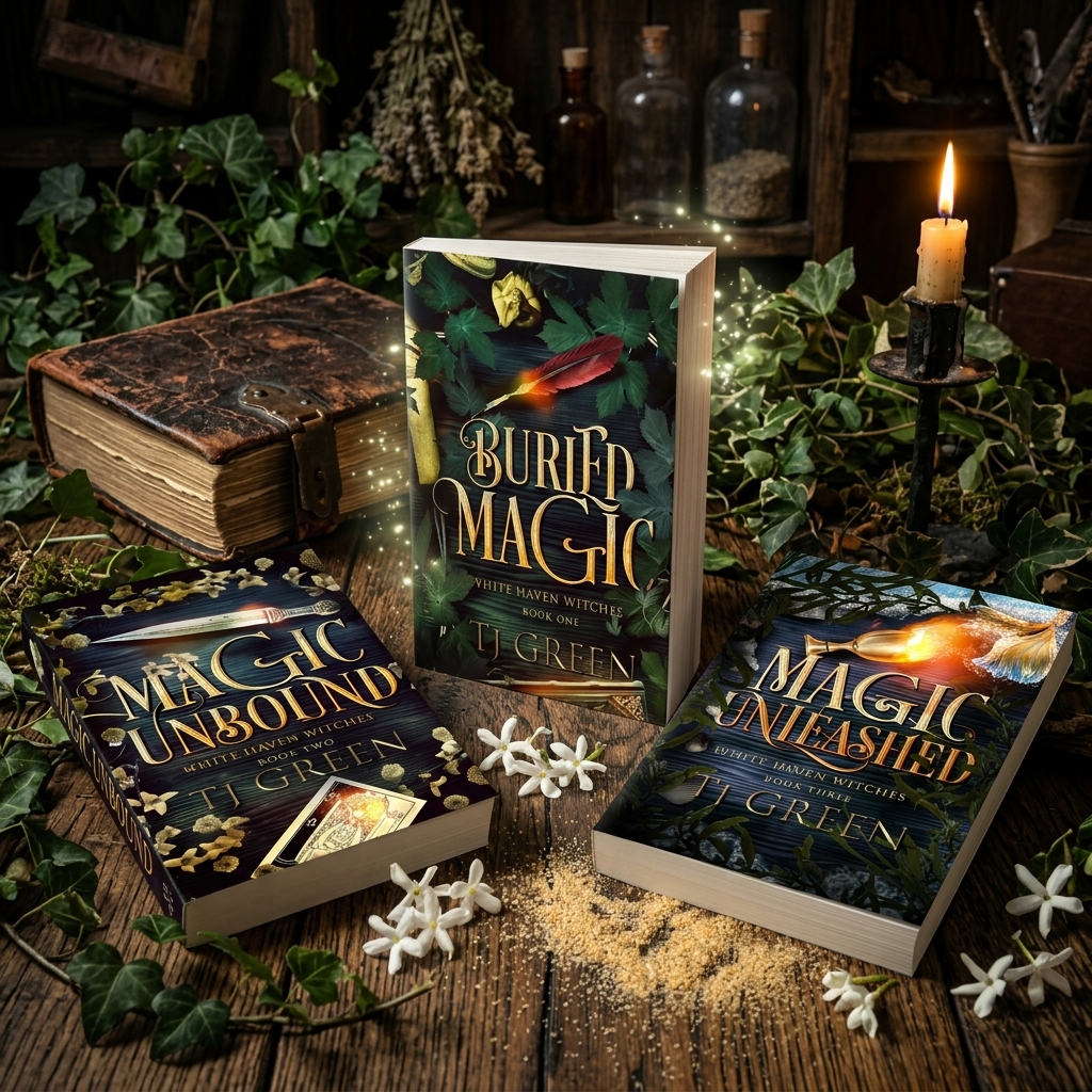 Three fantasy books by J. Green are arranged on a rustic wooden surface with ivy, candles, old books, and glass bottles in the background.