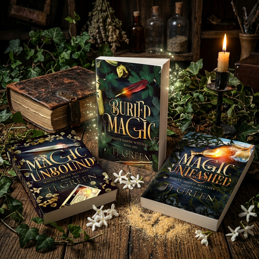 Three fantasy books by J. Green are arranged on a rustic wooden surface with ivy, candles, old books, and glass bottles in the background.