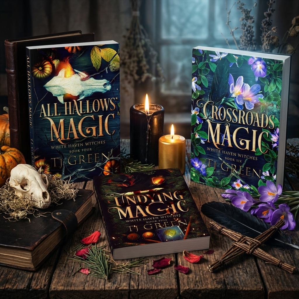 Three fantasy witch books by T. Green are arranged on a rustic wooden table with candles, flowers, a skull, and dried botanicals in a moody styled setting.