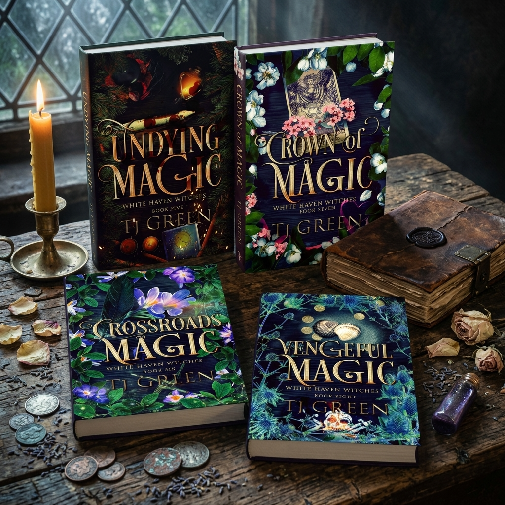 four books on a worn table with a witchcraft vibe under a window.