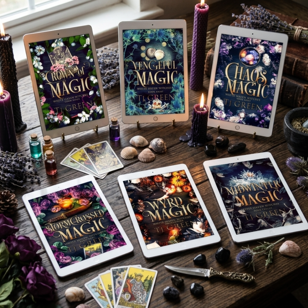 Four digital e-book covers for 'Witchy Magic' series displayed on tablet screens, surrounded by candles, tarot cards, crystals, and dried flowers on a rustic wooden table.