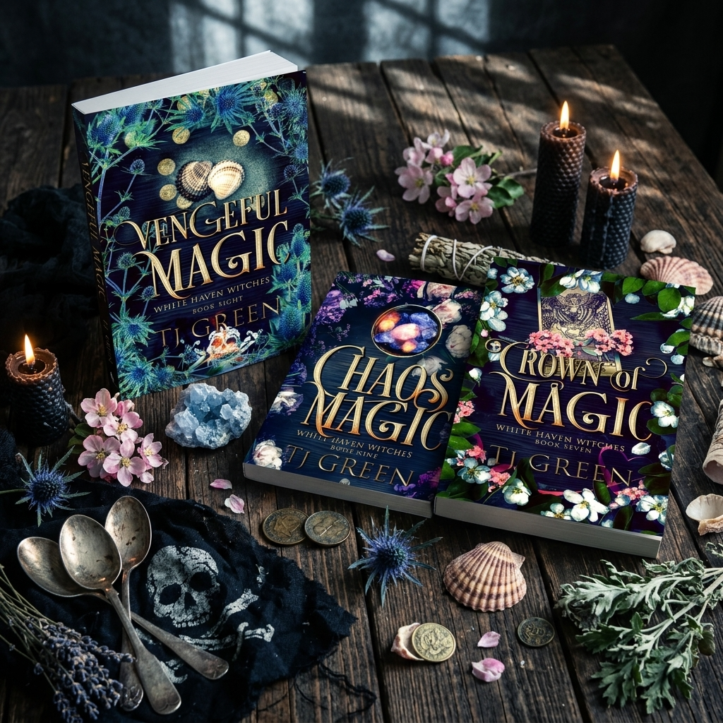 White_Haven_Witches_books_7_-_9 on a wooden table with blossoms, shells, and candles