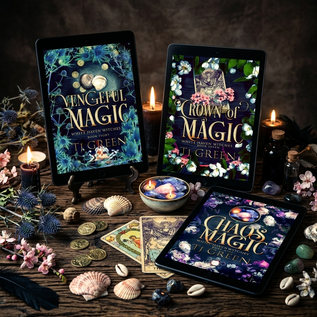 Three digital book covers for 'Vengeful Magic', 'Crown of Magic', and 'Chaos Magic' by TJ Green are displayed on tablet screens on a rustic wooden table, surrounded by candles, tarot cards, shells, crystals, and flowers.