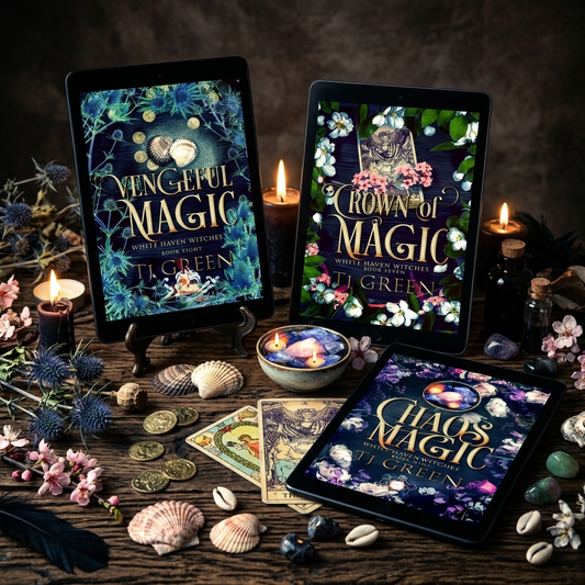 Three digital book covers for 'Vengeful Magic', 'Crown of Magic', and 'Chaos Magic' by TJ Green are displayed on tablet screens on a rustic wooden table, surrounded by candles, tarot cards, shells, crystals, and flowers.