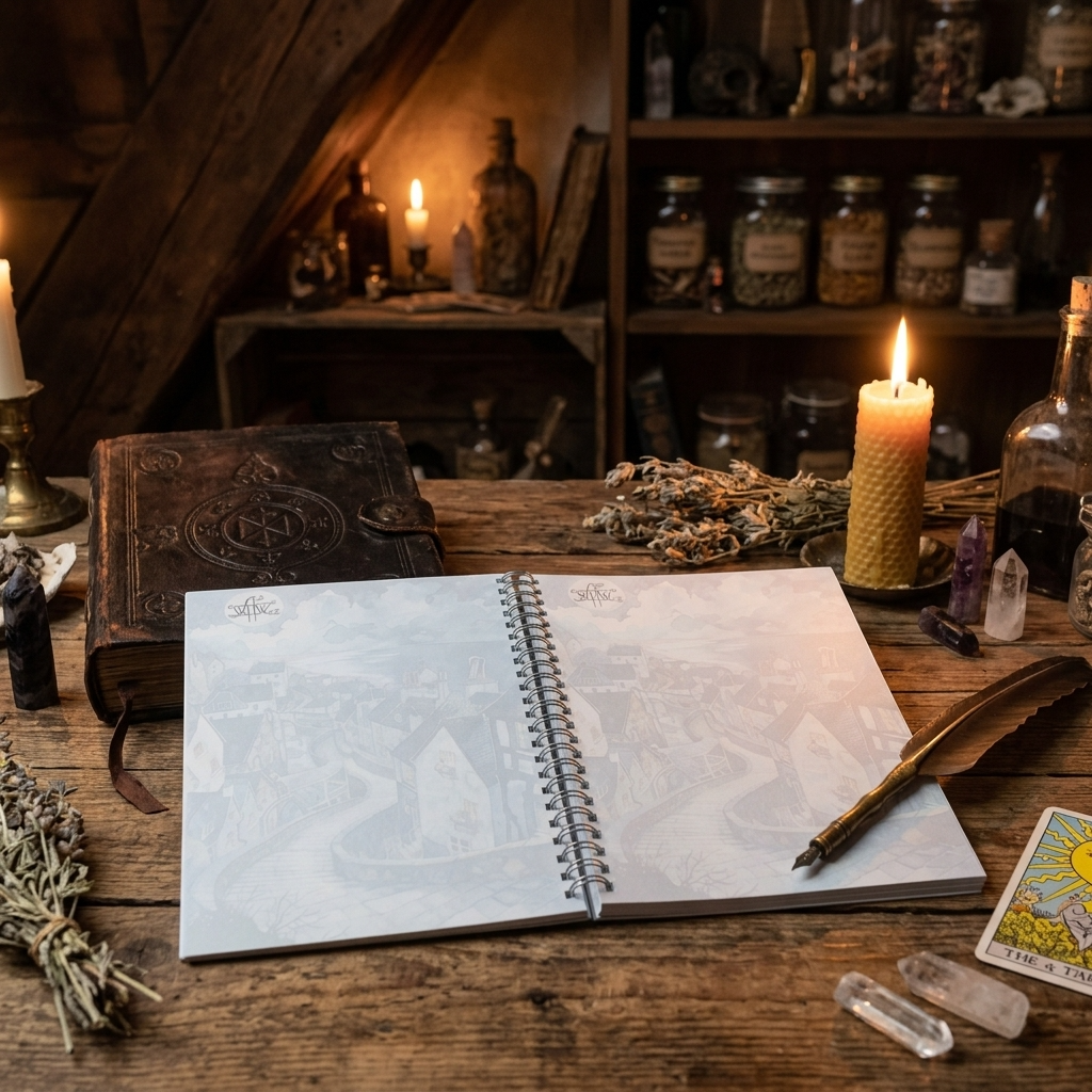 An open spiral-bound journal with a mystical occult illustration on the pages sits on a rustic wooden table, surrounded by candles, tarot cards, crystals, and an old leather-bound book in a dimly lit, atmospheric room.
