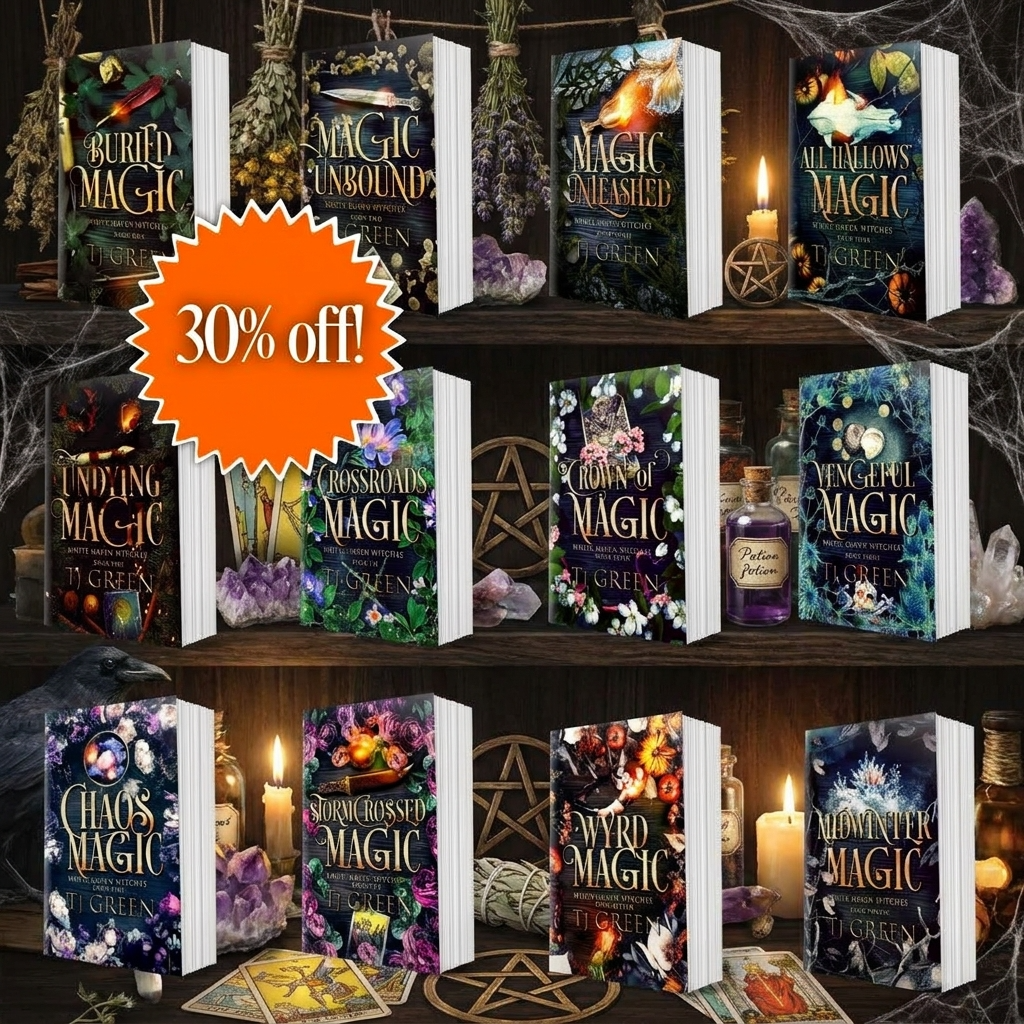 A promotional display of multiple fantasy book covers arranged on dark wooden shelves with candles, crystals, and occult-themed props. A large orange burst overlay reads '30% off!'.