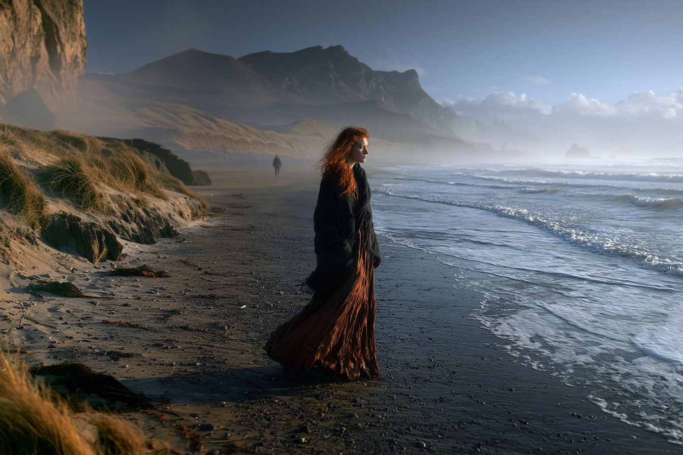 A woman with long red hair stands on a dark beach facing the ocean, wearing a long dark dress. Mountains, dunes, and misty water are visible in the background.