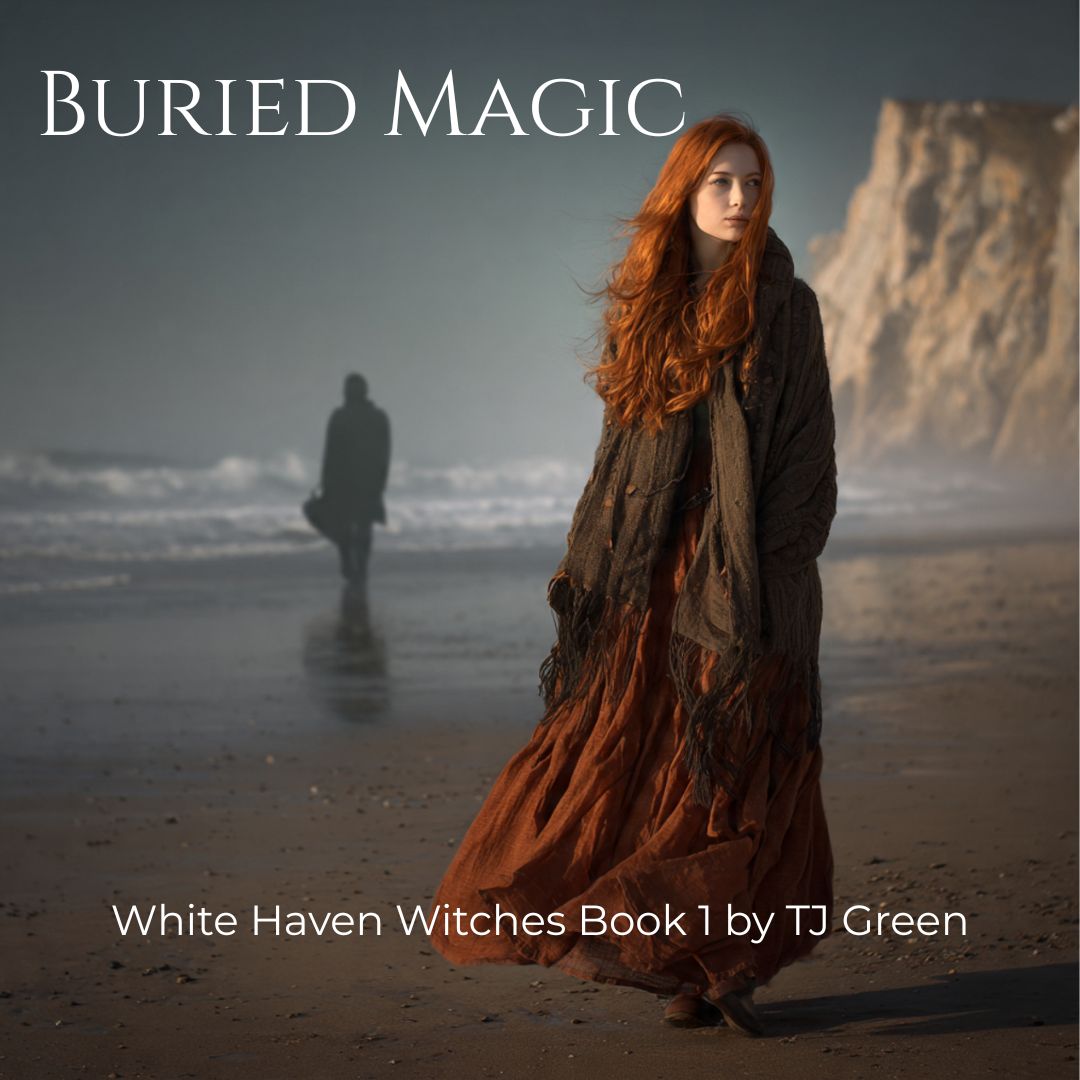 Book cover for 'Buried Magic: White Haven Witches Book 1' by TJ Green, featuring a woman with long red hair in a flowing brown dress standing on a beach with cliffs and ocean in the background.