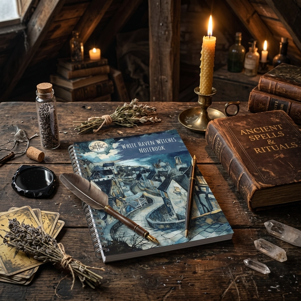 A styled tabletop scene in a rustic attic or library setting featuring a spiral notebook titled 'White Raven Witch's Notebook' as the main product, surrounded by candles, old books, crystals, dried lavender, ink, and paper. The scene is atmospheric and dark, with the notebook centered on a wooden table.