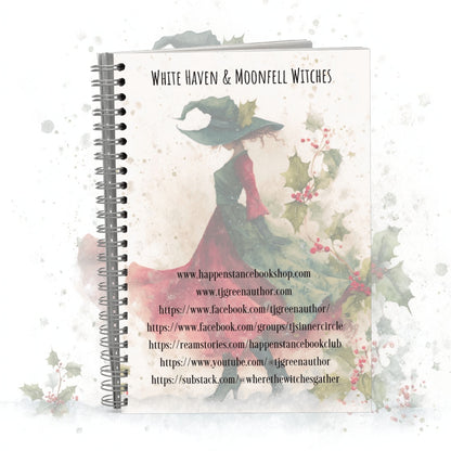 Notebook with a witch design and text on a white background