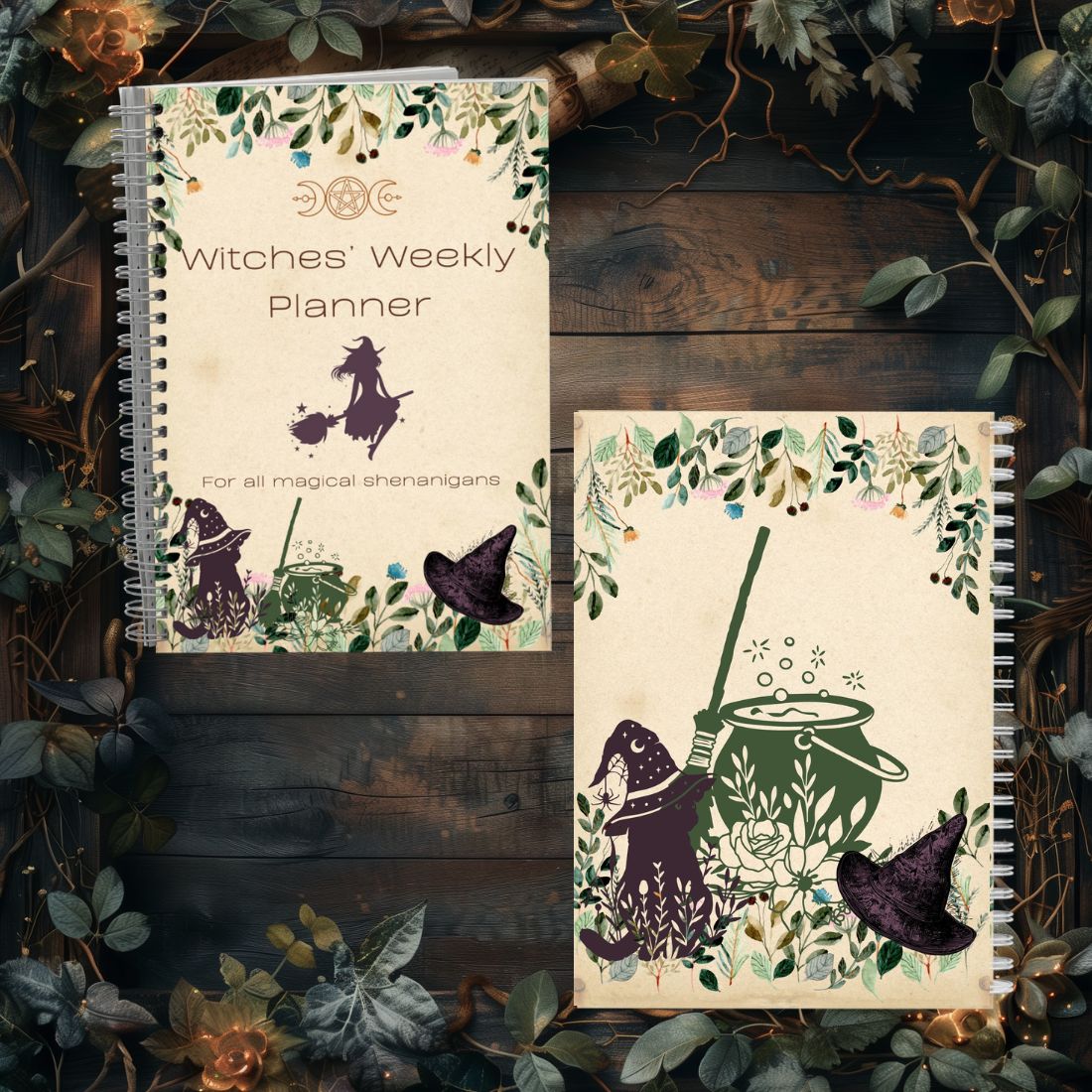 Witches' weekly planner for all things magical. Notebook and planner. Front and back cover.