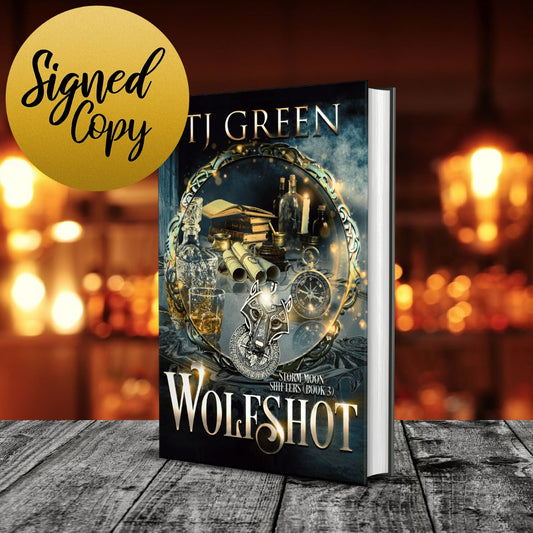 Book titled 'Wolfshot' by T.J. Green with a blurred background Paranormal Wolf-shifters mysteries