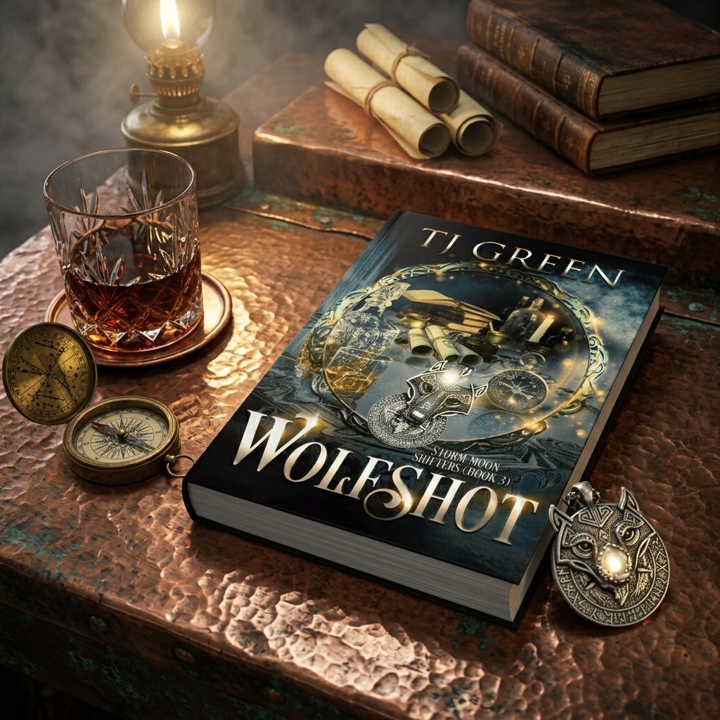 Book titled 'Wolfshot' by T.J. Green on a wooden surface with a glass of whiskey, compasses, and books.