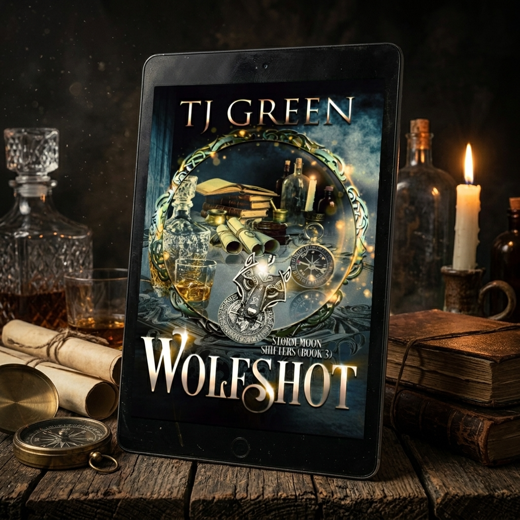 Tablet displaying the book cover of 'Wolfshot' by TJ Green on a rustic wooden table with bottles and candles.