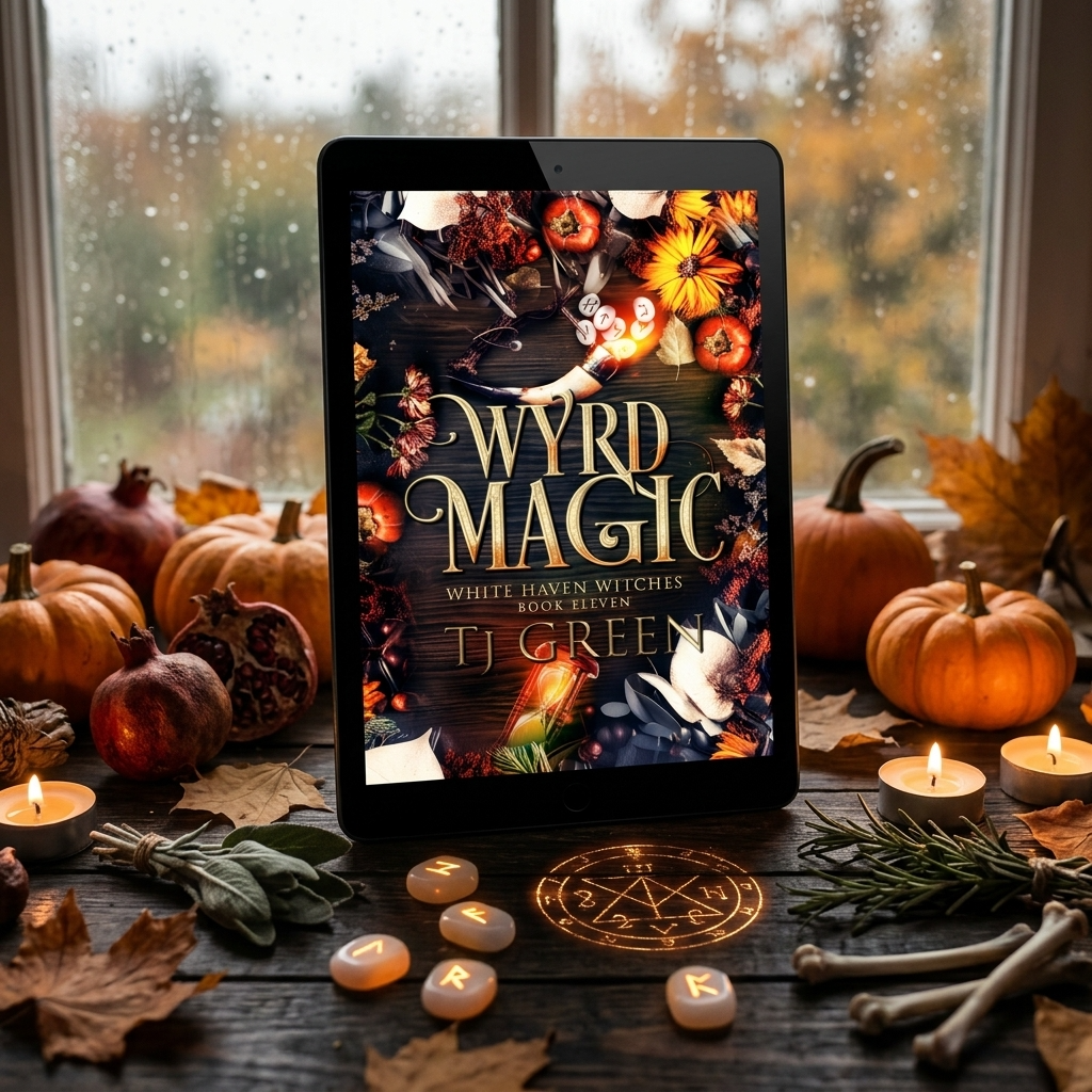 Tablet displaying the book cover of 'Wyrd Magic' on a table with pumpkins and candles.