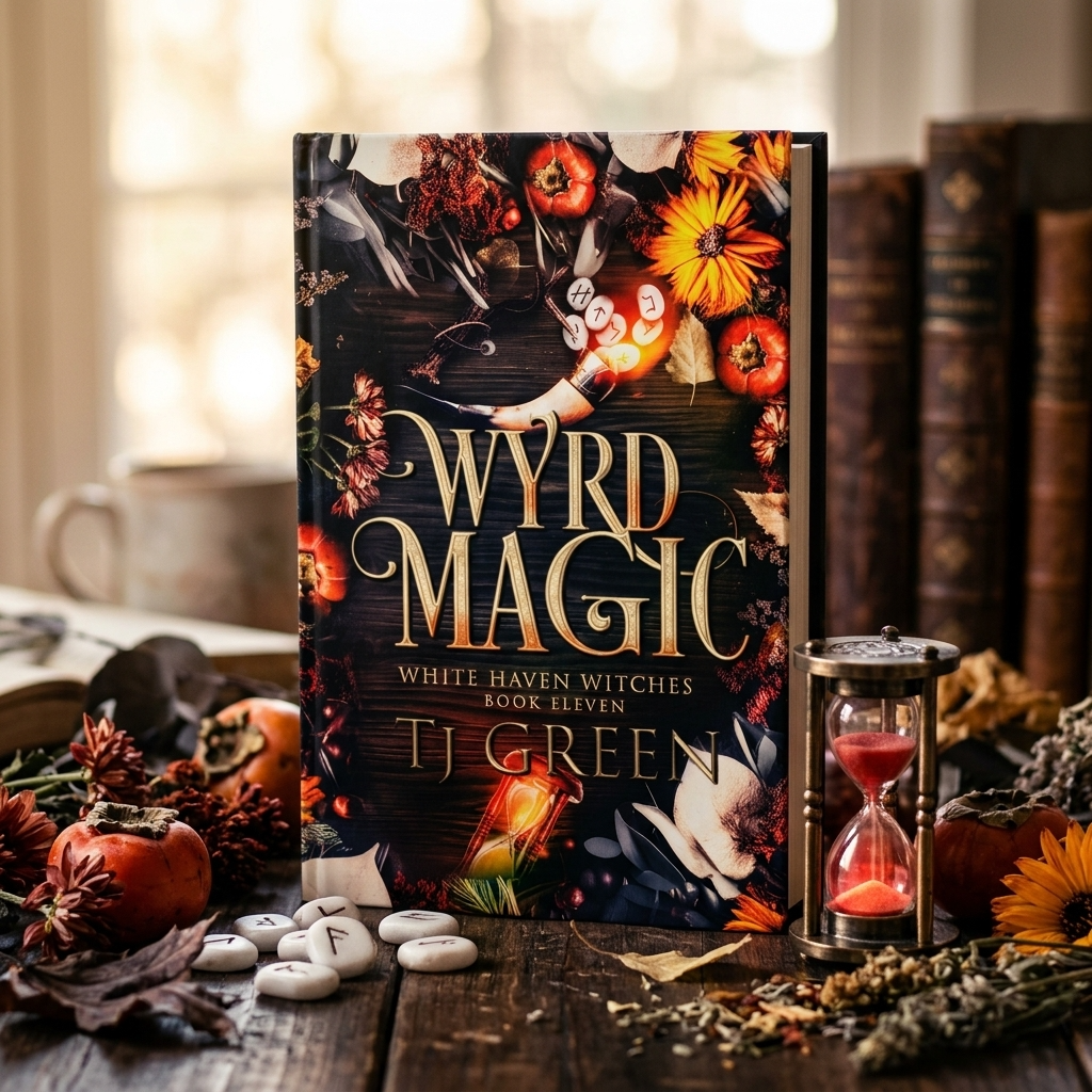 Book titled 'Wyrd Magic' by T.J. Green on a wooden surface with decorative items.