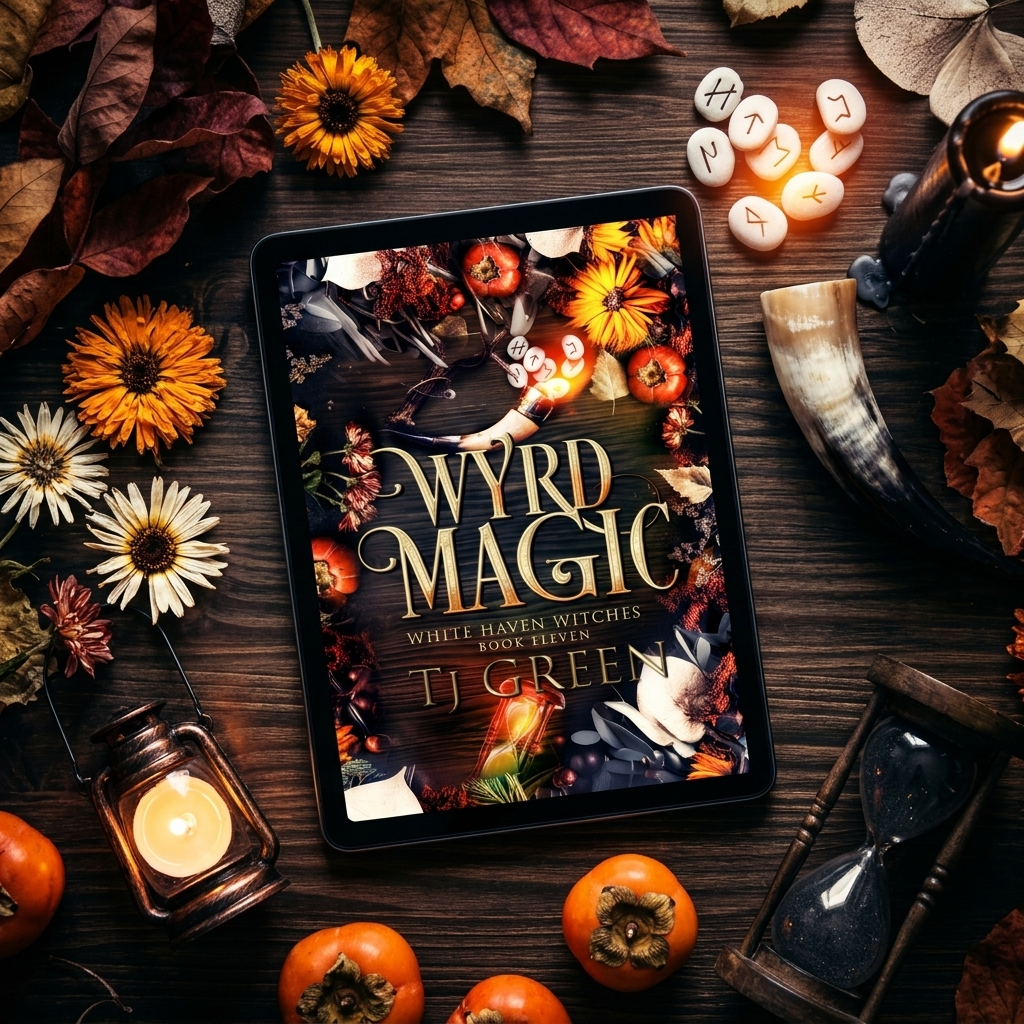 Tablet displaying 'Wyrd Magic' book cover on a wooden surface with autumn elements.