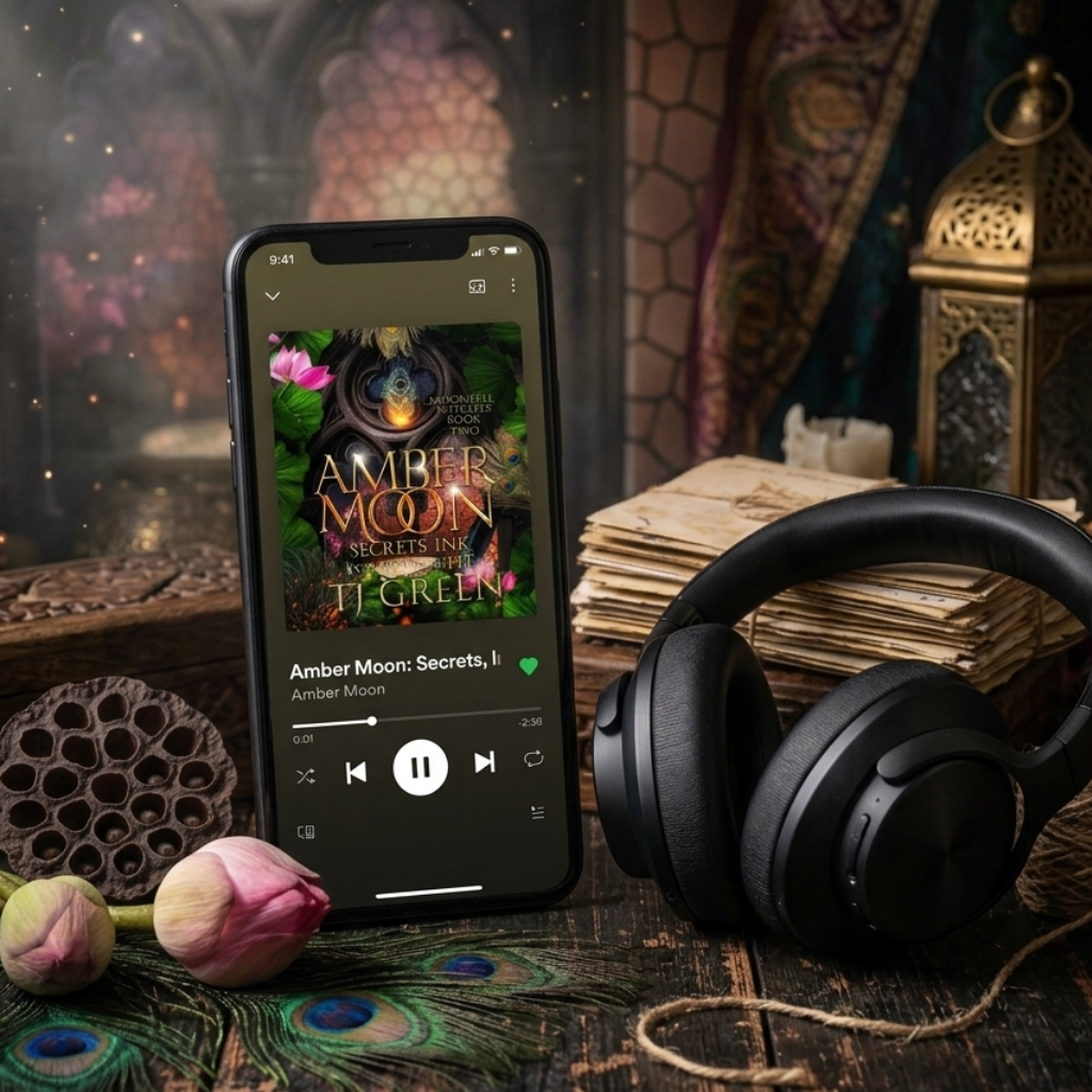 Phone displaying a music app with headphones and mystical decor on a table