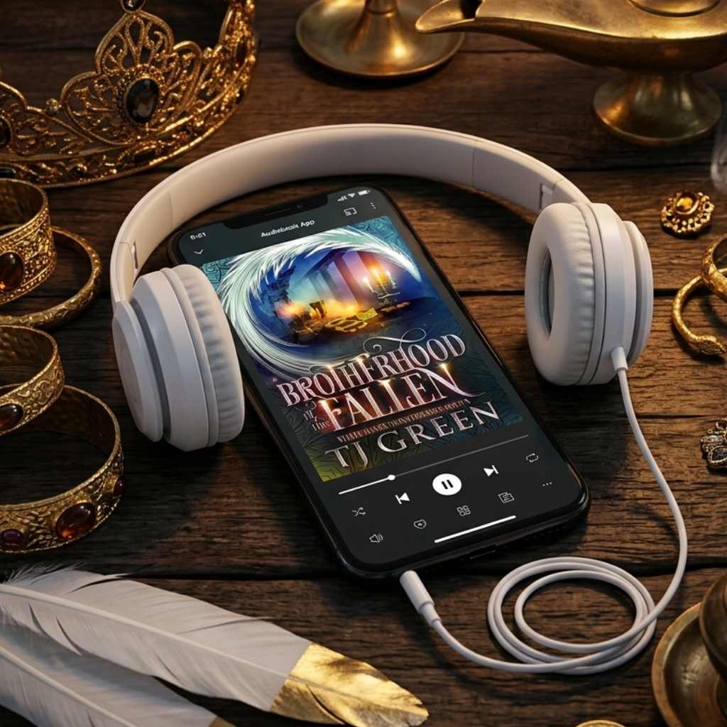 White over-ear headphones on a smartphone displaying the 'Blosswood Fallen' album art by T.J.