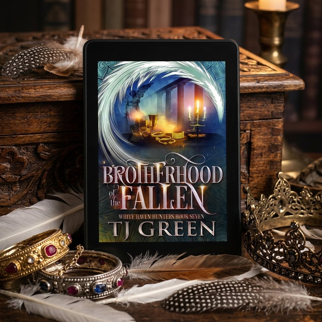 A tablet displaying the book cover of 'Brotherhood of the Fallen' by TJ Green, styled on a dark wooden chest with feathers, jewelry, and a crown.