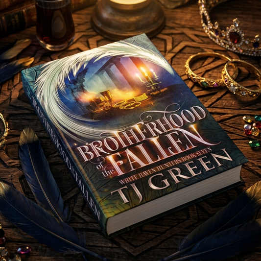 book on an old table. Surrounded by jewels and feathers