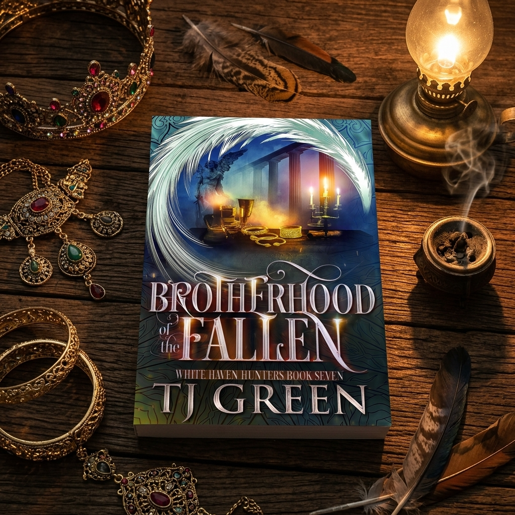 brotherhood of the fallen paperback on a wooden table top surrounded by jewels and lit by lamp light