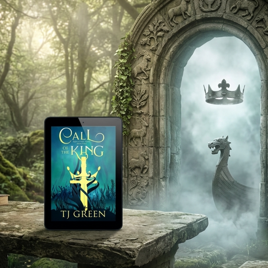 A tablet displaying the book cover of 'Call of the King' by TJ Green is placed on a stone table in a misty, mossy forest setting with an ancient carved stone archway and a Viking ship in the background.